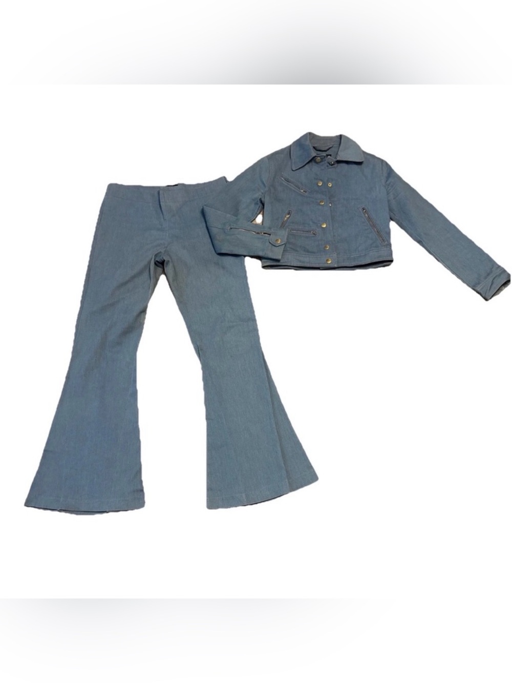Olivaceous Women’s Denim Jacket Bell Bottom Pants set gold Zip Detail Jean Suit